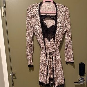 Leopard Print Lace Trim Robe and Lingerie Set